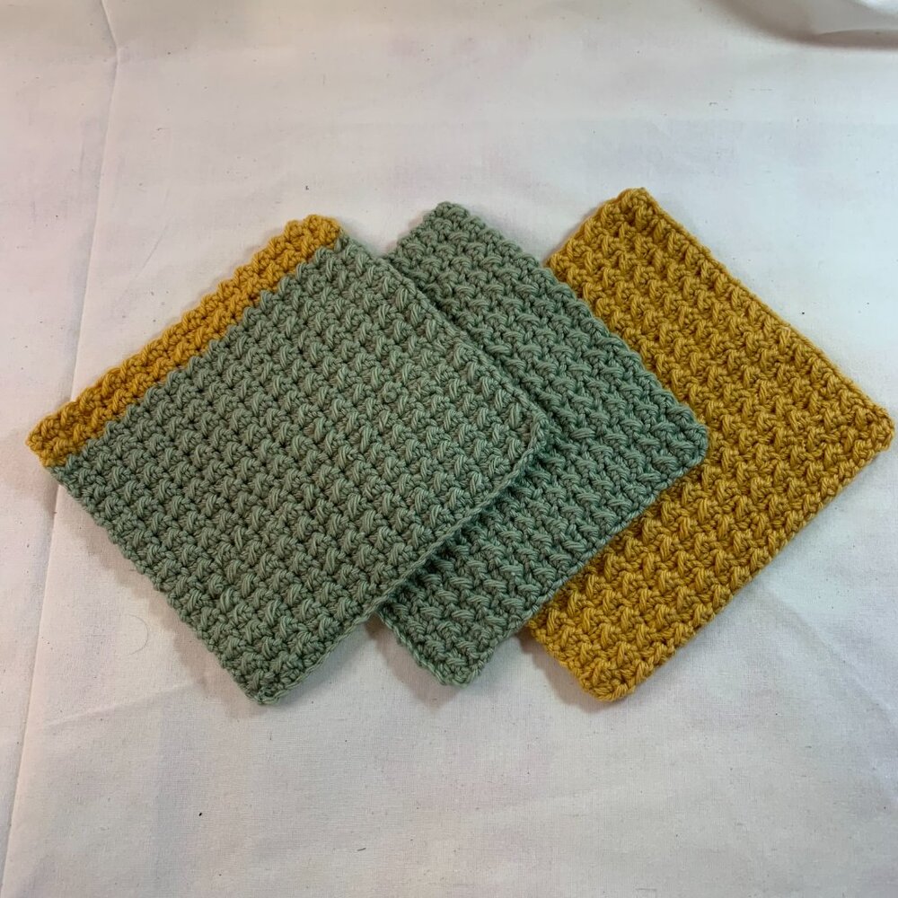Handmade crocheted dishcloths 100% cotton sage and gold set of 3